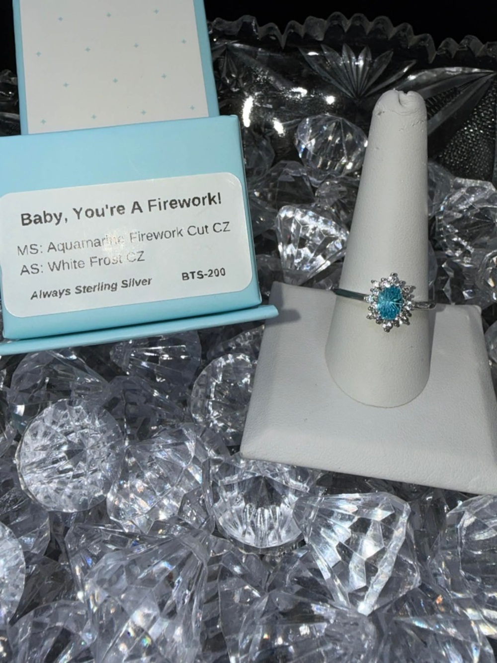 Sterling Silver Aquamarine Firework Cut CZ Ring -  RYZE SIZE 10.  New in box